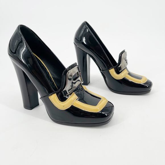 Prada Fall 2010 Runway Black Patent Yellow Trim Metal Logo Platform Heels 36.5 - Picture 1 of 12